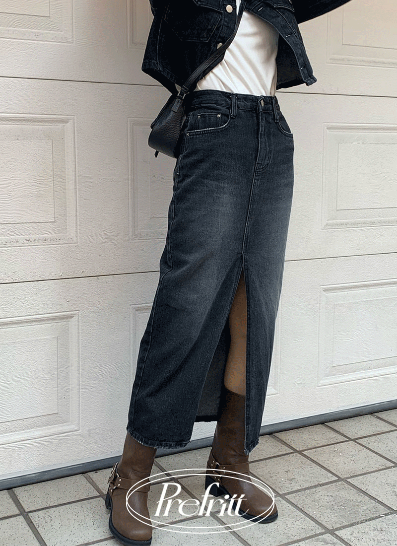 [PreFritt] Ted vintage denim long skirt / black ver.